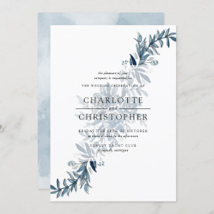 Blue indigo watercolor flower arrangement wedding invitation