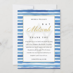 BLUE INDIGO WATERCOLOR STRIPES BAT BAR MITZVAH THANK YOU CARD