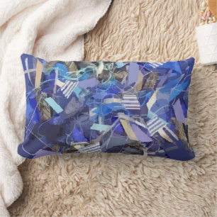 Blue indigo white grey abstract geometric stripes lumbar cushion