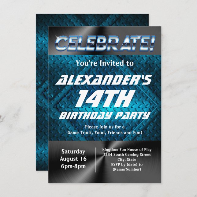 Blue Industrial Teen Tween Boys Gaming Birthday Invitation (Front/Back)