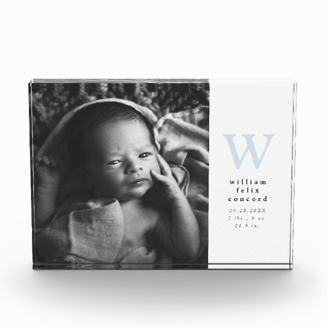 Blue initial simple Birth Announcement Photo Block (Front)