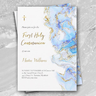 blue ink and FAUX glitter First Holy Communion Invitation