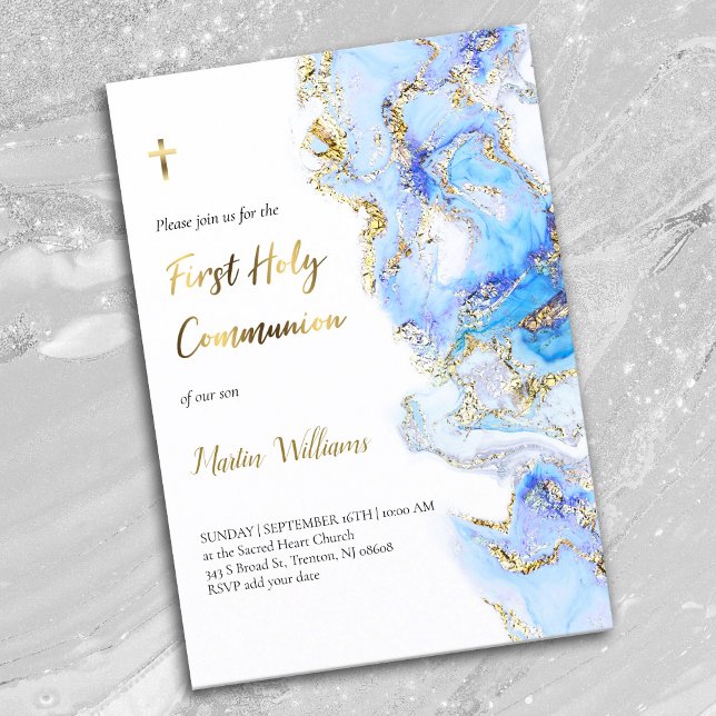 blue ink and FAUX glitter | First Holy Communion Invitation (Creator Uploaded)
