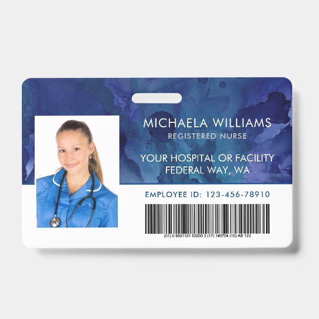 Blue Ink Employee Photo RN Hospital Barcode ID Badge (Front)
