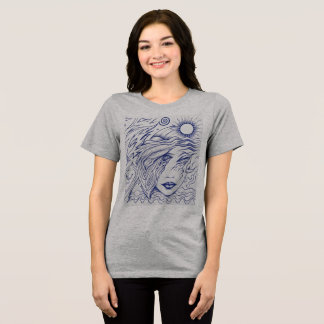 Blue Ink Line Art Woman Celestial Portrait Tri-Blend Shirt