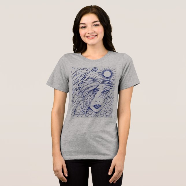 Blue Ink Line Art Woman Celestial Portrait Tri-Blend Shirt (Front Full)