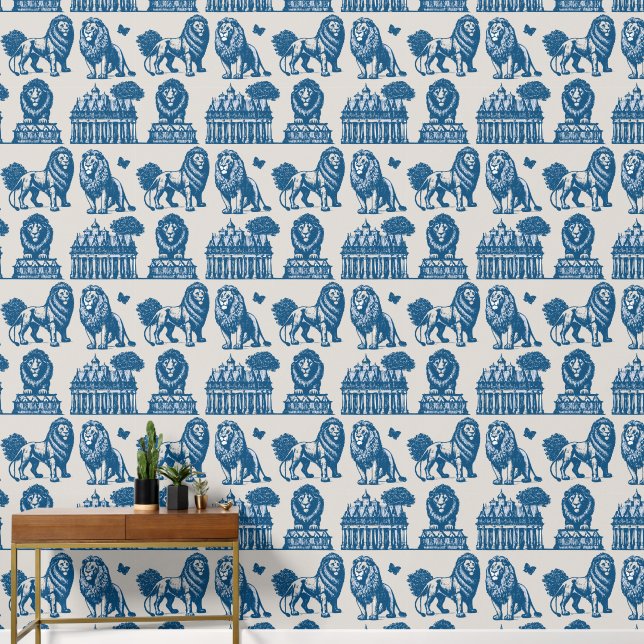 Blue Ink Lions Wallpaper (Hallway)