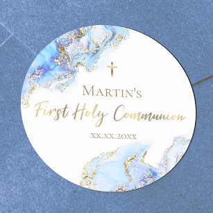 blue ink marble First Holy Communion  Classic Round Sticker