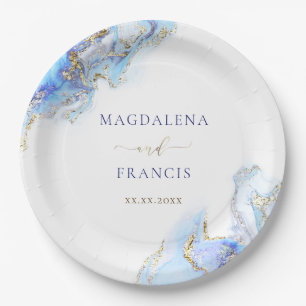 blue ink marble wedding paper plate
