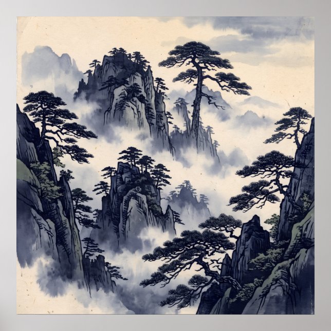 Blue Ink Pine Mountain Poster (Front)