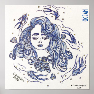 Blue ink portrait of lady and the ocean. Print. Poster