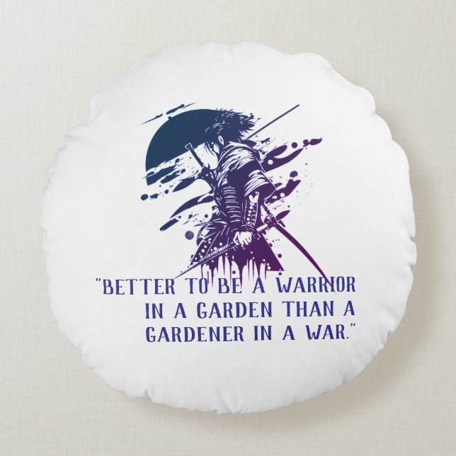 Blue Ink Samurai Warrior Custom Quote Round Pillow (Front)