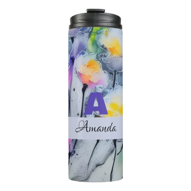 Blue Ink Spash Abstract Flower Personalised Art Thermal Tumbler (Front)