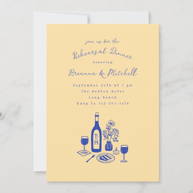Blue Ink Whimsical Hand Drawn Rehearsal Dinner Invitation (Front)