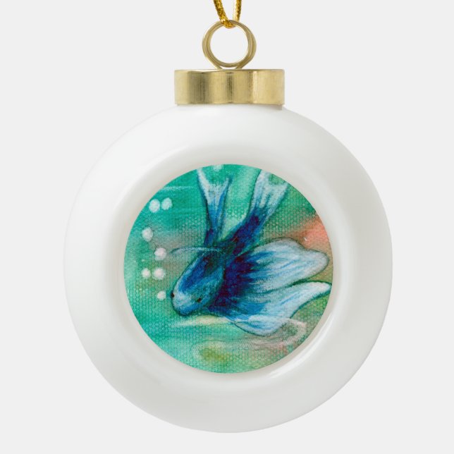 Blue Inky Betta Fish Ceramic Ball Christmas Ornament (Front)
