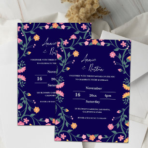 Blue Intricate Floral Frame Wedding  Invitation