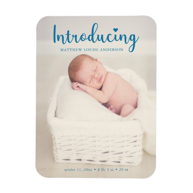Blue Introducing Baby Boy Vertical Script Modern Magnet (Vertical)