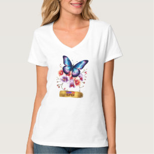 Blue Iridescent Butterfly & Exotic Orchids Flower  T-Shirt