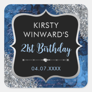 Blue Iridescent Glitter Mermaid Letters Birthday Square Sticker