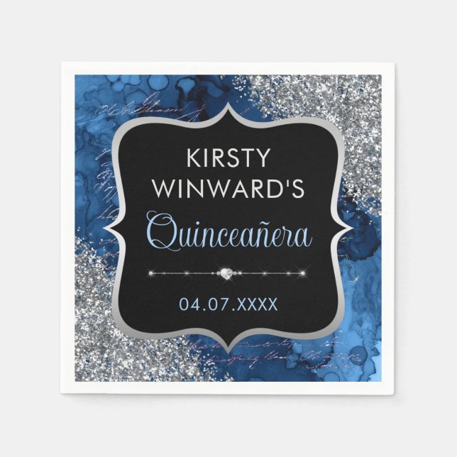 Blue Iridescent Mermaid Letters Quinceanera Napkin (Front)