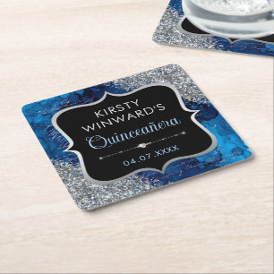 Blue Iridescent Mermaid Letters Quinceanera Square Paper Coaster