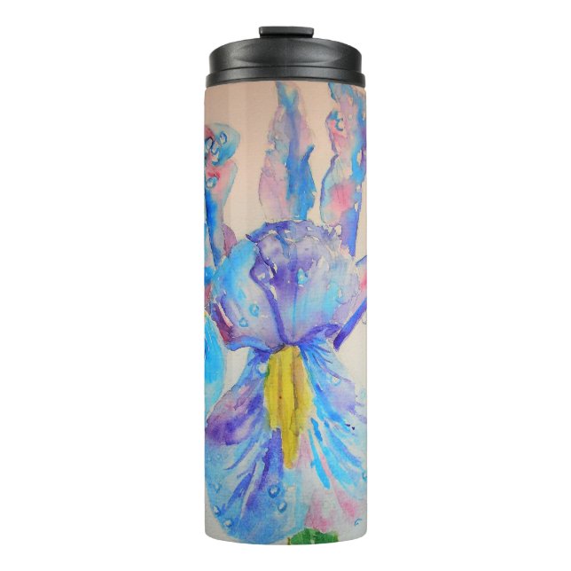 Blue Iris Art floral Watercolor Design Thermal Tumbler (Front)