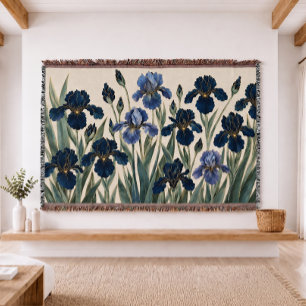 Blue Iris Botanical Tapestry Woven Throw Blanket