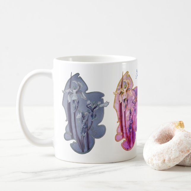 Blue Iris Floral Art 2 Personalised  Coffee Mug (With Donut)