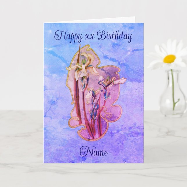 Blue Iris Floral Art Personalised Birthday  Card (Small Plant)