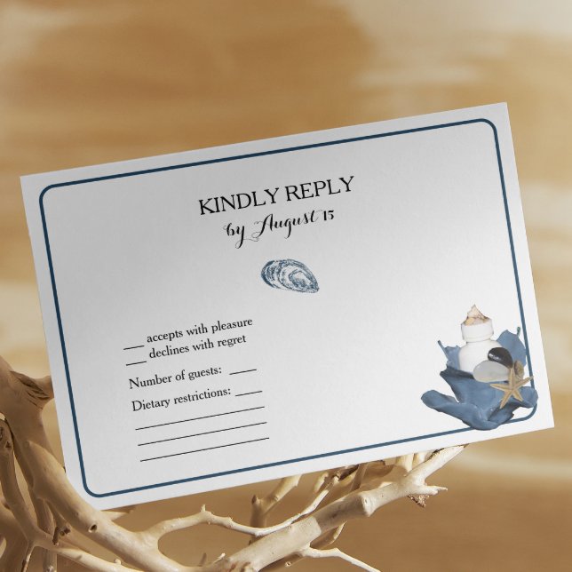 Blue iris floral coastal beach wedding RSVP card (Creator Uploaded)