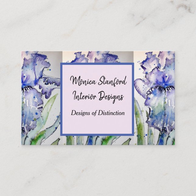 Blue Iris Floral Flowers Watercolour Business Card (Front)