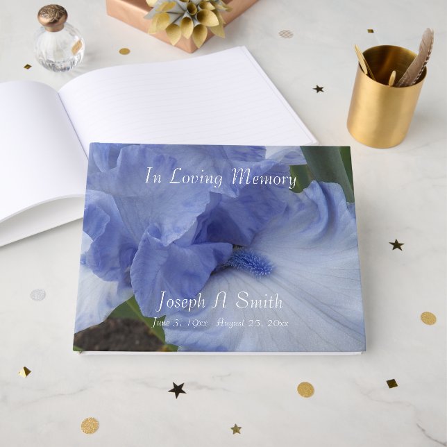 Blue Iris Floral Memorial Service Guest Book (Front Open)