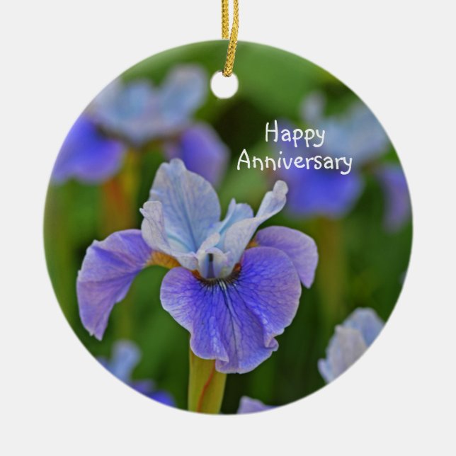 Blue Iris Flower Portrait Personalised Anniversary Ceramic Tree Decoration (Front)