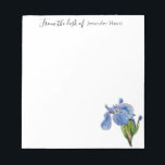 Blue Iris flower watercolor Notepad<br><div class="desc">Elegant,  bright,  cheerful notepad featuring watercolor illustrations of Blue Iris. . Nice for reminder notes! These notepad makes wonderful  hostess gifts.
"Edit this design template" boxes on the right hand side of the item,  or click the blue "Customise it" button to arrange the text,  change the fonts 
and colours.</div>