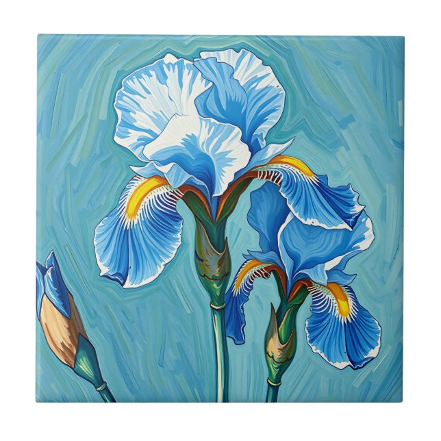 Blue Iris Flowers Artistic Pattern Tile (Front)