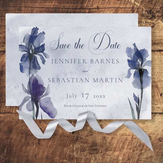 Blue Iris Flowers Blue Modern Save the Date Card (Creator Uploaded)