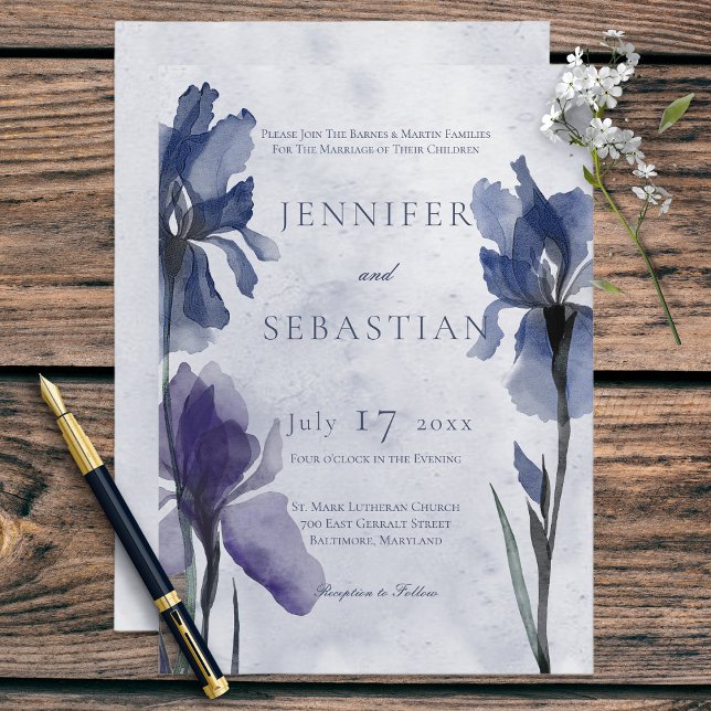 Blue Iris Flowers Blue Modern Wedding Invitation (Creator Uploaded)