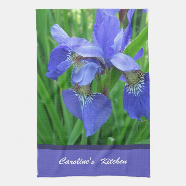 blue iris flowers custom personalise kitchen tower tea towel (Vertical)