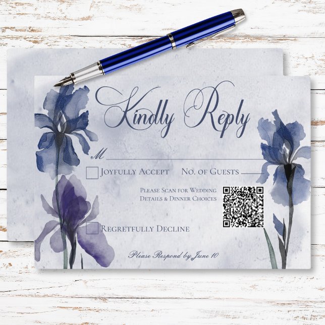 Blue Iris Flowers Modern Blue Wedding QR Code RSVP Card (Blue Iris Flowers Modern Blue Wedding QR Code RSVP Card)