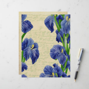 Blue Iris flowers vintage ephemera pattern Custom Letterhead
