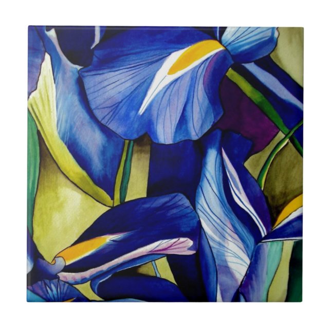 Blue Iris original art watercolor flowers Tile (Front)