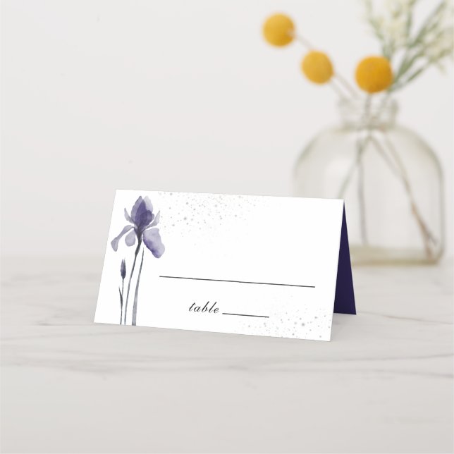 Blue Iris Simple Floral Watercolor Wedding Place Card (Front)
