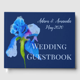 Blue Iris watercolor art wedding Guest Book