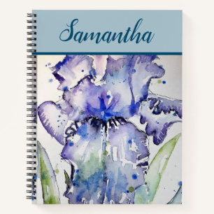 Blue Iris Watercolor floral Art Spiral Notebook
