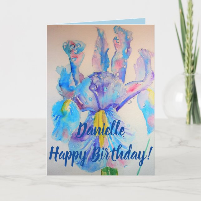 Blue Iris Watercolour Flower floral Birthday Card (Front)