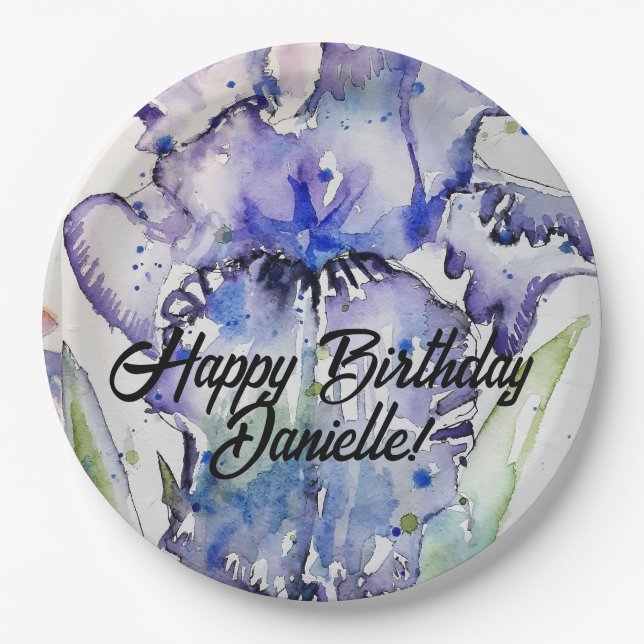 Blue Iris Watercolour Happy Birthday Balloon Paper Plate (Front)