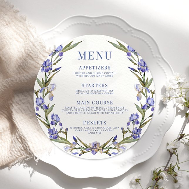 Blue irise floral wreath round Menu Card Plate (Creator Uploaded)