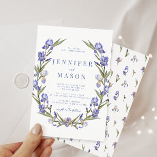 Blue irises floral wreath boho wedding invitation