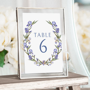 Blue irises purple green floral wreath wedding table number