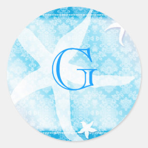 Blue Island Starfish Wedding Monogram Classic Round Sticker